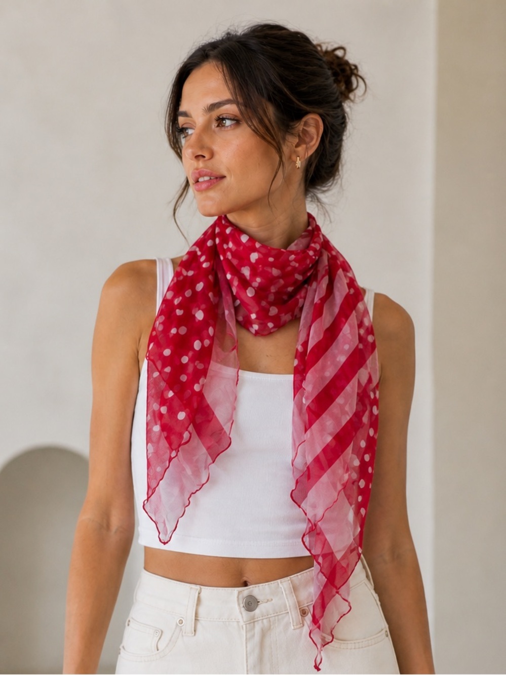 Red Polka Dot & Stripe Sheer Scarf